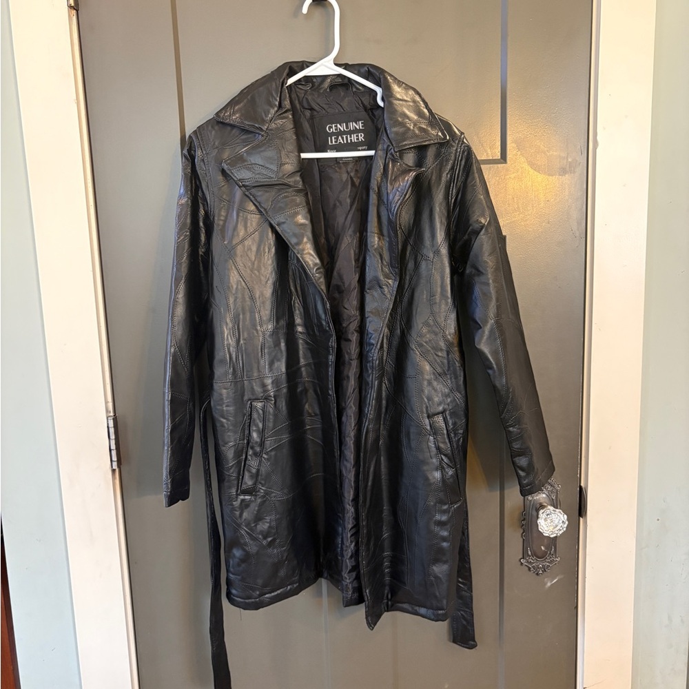 Navarre Leather Company Genuine Leather Trench Coat Belted Black Size Small